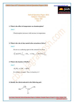 CBSE Class 12th Chemistry Question Paper Set-I 2014