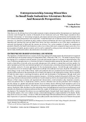 PIJM-Oct10-Article5-Entrepreneurship Among Minorities In Small Scale Industries : Literature Review and Research Perspectives