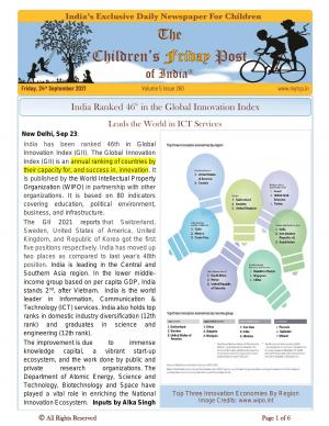 India Ranked 46th in the Global Innovation Index - September 24th, 2021