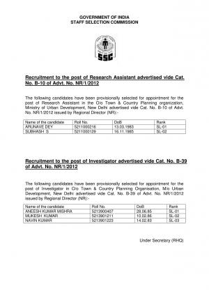 SSC Declared Final Result for Research Assistant/ Investigator & Junior Chemist Post