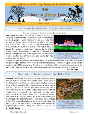 India successfully administers 100 crore vaccine doses - The Children's Post, 22nd October, 2021