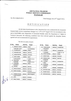 Arunachal Pradesh PSC Declared Result for the Post of Lecturer