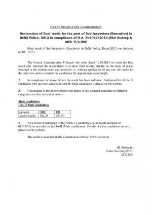 SSC SI (Executive) in Delhi Police Exam 2012: Additional list of the 12 candidates (1)