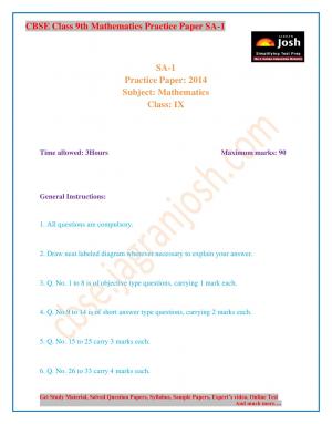 CBSE Class 9th Mathematics Practice Paper SA-1 2014