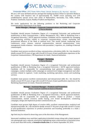 SVC Bank Notified Recruitment for 03 Various Posts 2014