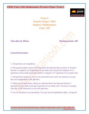 CBSE Class 12th Mathematics Practice Paper Term-1 2014