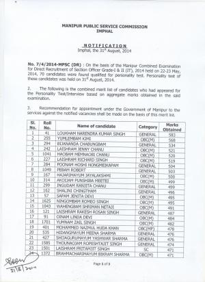 Manipur Public Service Commission Declared Final Results for Section Officer – Grade I & II (IT) 2014