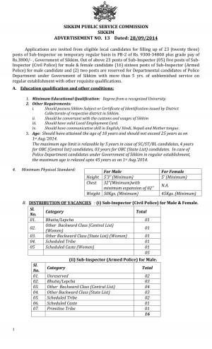 Sikkim Public Service Commission Notified Recruitment for 23 Posts of Sub-Inspectors 2014
