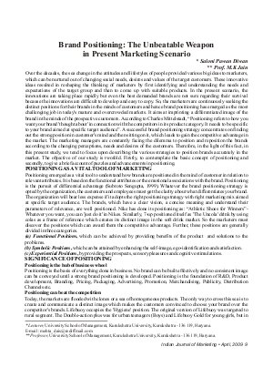IJM-April09-Article2-Brand Positioning: The Unbeatable Weapon in Present Marketing Scenario