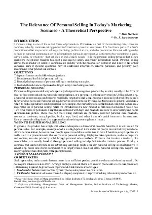 IJM-July09-Article1-The Relevance of Personal Selling in Today's Marketing Scenario- A Theoretical Perspective