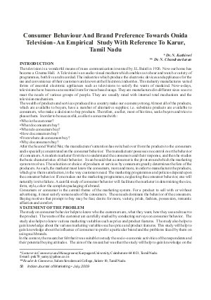 IJM-July09-Article10-Consumer Behaviour and Brand Preference Towards Onida Television - An Empirical Study With Reference To Karur,Tamil Nadu