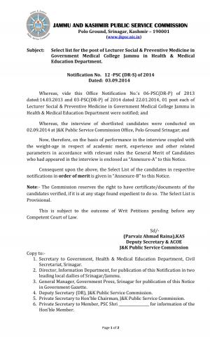 JKPSC Declared Final Result of Lecturer Social & Preventive Medicine Posts 2014