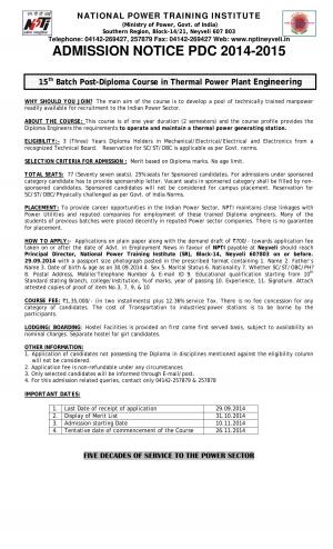 NPTI, Neyveli Notified Admission for Post Diploma Course 2014