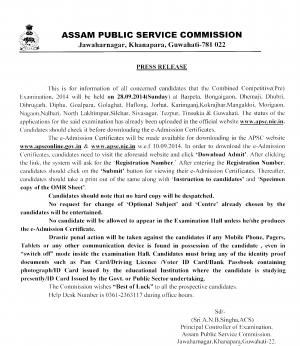 APSC Combined Competitive (Pre) Examination 2014: Examination Date