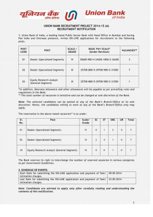 Union Bank of India Notified Recruitment for Dealer & ERA Posts 2014