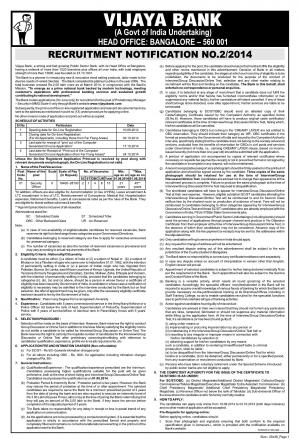 Vijaya Bank Notified Recruitment for 15 Probationary Manager (Security Officer) Posts 2014