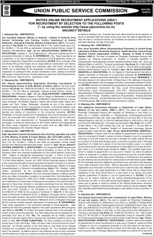 UPSC Notified Recruitment for 31 Various Posts 2014 