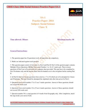 CBSE Class 10 Social Science Practice Paper SA – 1 2014
