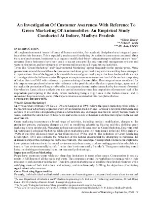 IJM-Sep09-Article2-An Investigation of Customer Awareness With Reference To Green Marketing of Automobiles :An Empirical Study Conducted at Indore,Madhya Pradesh