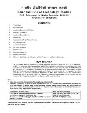 IIT Roorkee Notified Admission to Ph. D. Programmes for Spring Semester 2014-15