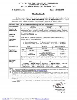 AMU Notified Admission to M.Sc. (Remote Sensing and GIS Application) Course 2015