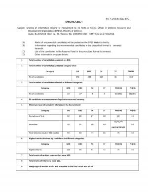 UPSC Declared Final Result for Stores Officer in DRDO 2014