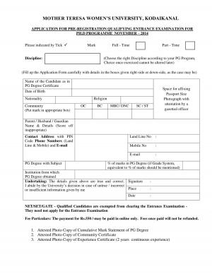 Mother Teresa Women’s University Notified Admission in Ph.D Programs 2014