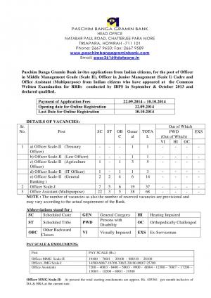 Paschim Banga Gramin Bank Notified Recruitment for 129 Officer & Office Assistant Posts 2014