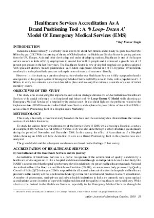 IJM-Oct09-Article5-Healthcare Services Accreditation As A Brand Positioning Tool : A 'b Loop-Dozen A' Model of Emergency Medical Services (EMS)