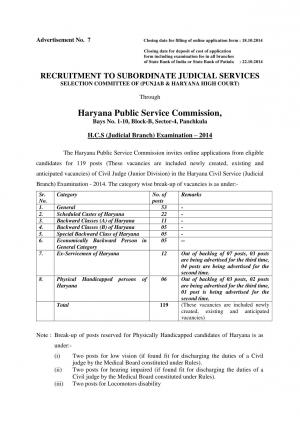 Haryana PSC Notified for H.C.S (Judicial Branch) Examination 2014