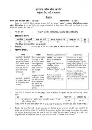 Jharkhand PSC Notified Recruitment for 13 Principal Posts 2014