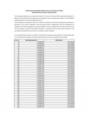 Union Bank of India Declared Final Result of Security Officer (Specialized Segment) Posts 2014