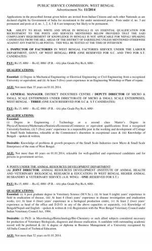 West Bengal PSC Notified Recruitment for 94 Various posts 2014