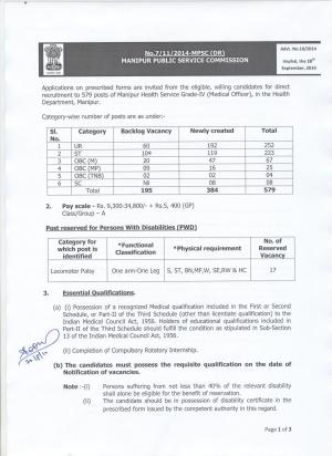 Manipur PSC Notified Recruitment for 579 Posts of Medical Officer 2014
