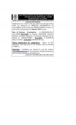 All India Institute of Medical Sciences Notified Admission for Various Courses 2014
