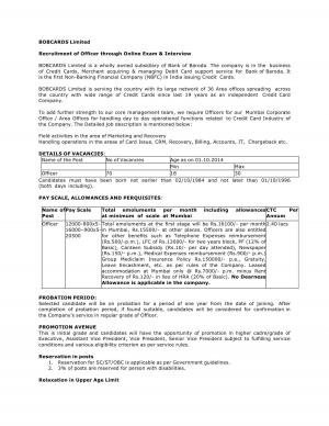 BOBCARDS Limited Notified Recruitment for 70 Officers post 2014
