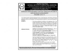 NIAM, Jaipur Notified Admission for Post Graduate Diploma in Agri- Business Management 2015 - 17