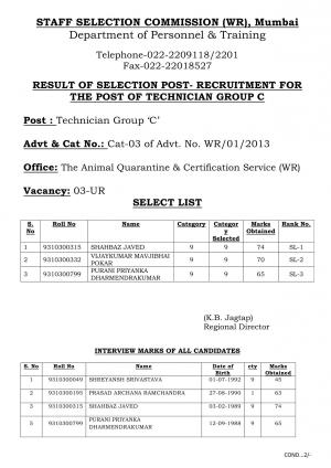 SSC-WR Declared Final Result of Technician Group ‘C’
