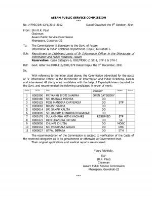 APSC Declared Final Result for Secretary, Sr Information Officer & Jr. Information Officer Post