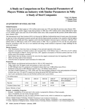 IJF-Jan09-Article5-A Study on Comparison on Key Financial Parameters of Players Within an Industry with Similar Parameters in Nifty - A Study of Steel Companies