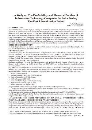 IJF-April09-Article3-A Study on the Profitability and Financial Position of Information Technology Companies in India During The Post Liberalization Period