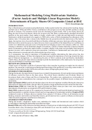 IJF-May09-Article2-Mathematical Modeling Using Multivariate Statistics-(Factor Analysis and Multiple Linear Regression Model): Determinants of Equity Shares of Companies Listed at BSE