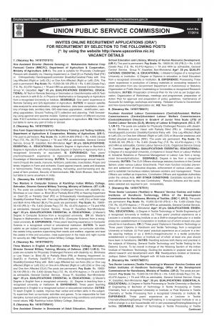 UPSC Notified Recruitment for 27 Various Posts 2014