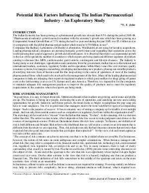 IJF-June09-Article4-Potential Risk Factors Influencing The Indian Pharmaceutical Industry â€“ An Exploratory Study