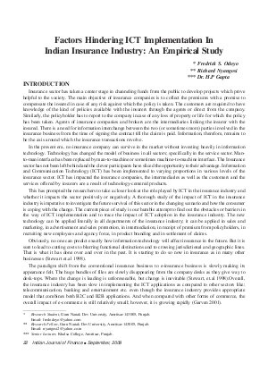 IJF-Sep09-Article3-Factors Hindering ICT Implementation In Indian Insurance Industry : An Empirical Study