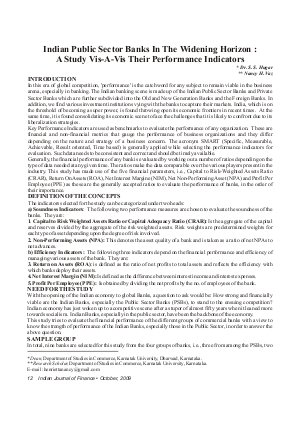 IJF-Oct09-Article2-Indian Public Sector Banks In The Widening Horizon : A Study Vis-A-Vis Their Performance Indicators