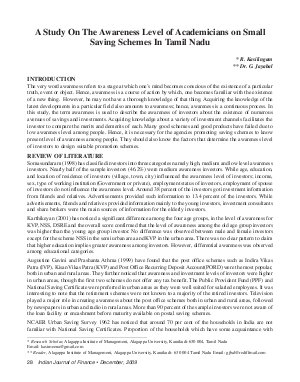 IJF-Dec09-Article4-A Study On The Awareness Level of Academicians on Small Saving Schemes in Tamil Nadu