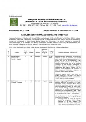 MRPL Notified Recruitment for MBA Graduates for Various Posts