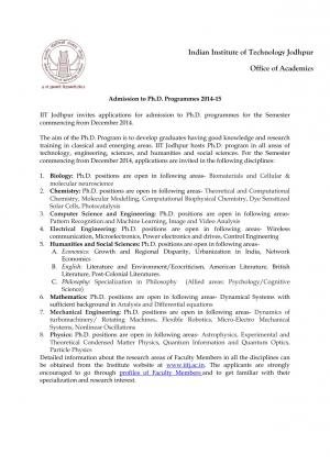 IIT Jodhpur Announced Admission Notification for PhD Programmes 2014 - 15