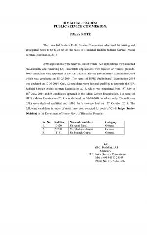 HPPSC Declared Viva-Voce Results for HPJS Exam 2014
